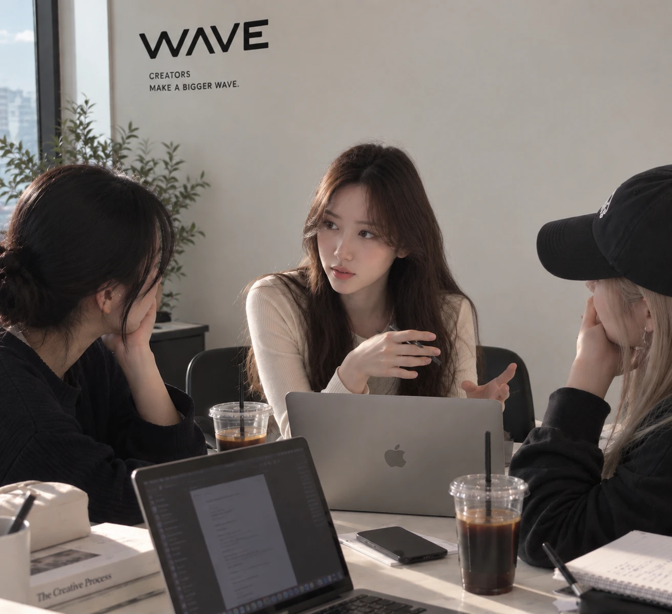 WAVE 사무실에서 크리에이터의 브랜딩 전략을 논의하는 모습